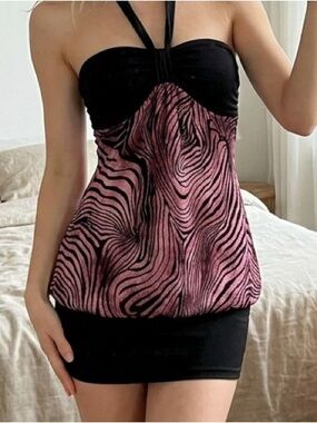 Strapless Pink Zebra Print Halter Dress